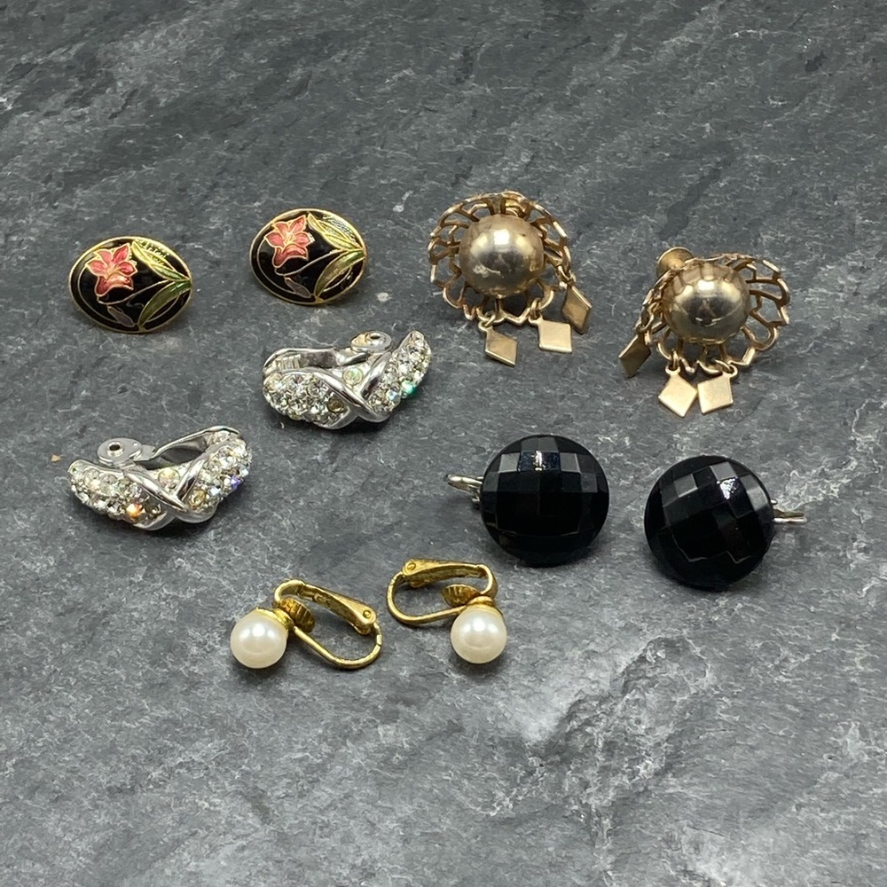 CLIP-ON Women’s Vintage Bundle 5x pairs earrings silver gold cloisonné